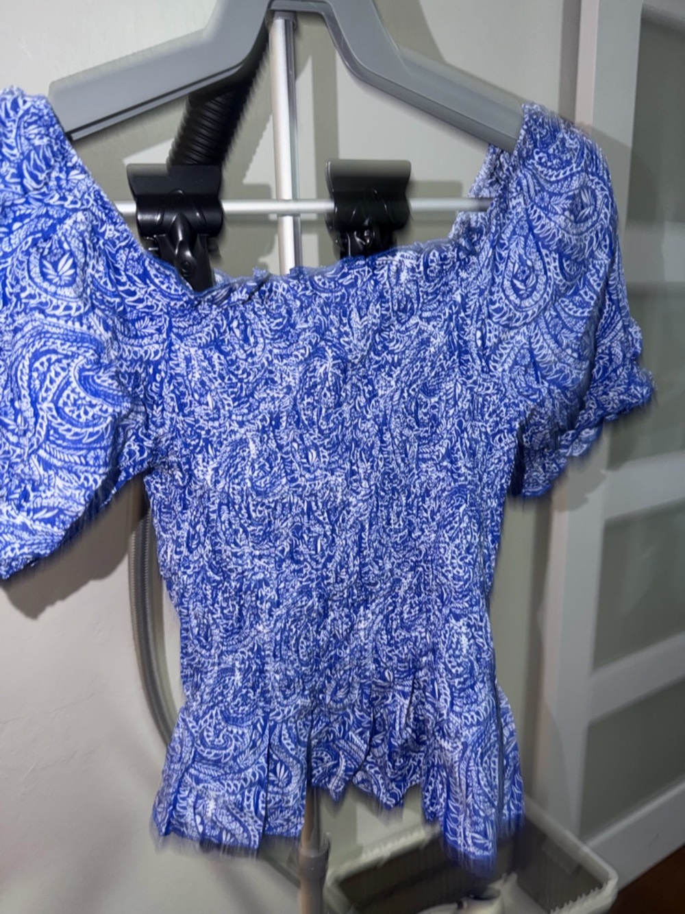 Blue Paisley Smocked Off-Shoulder Top